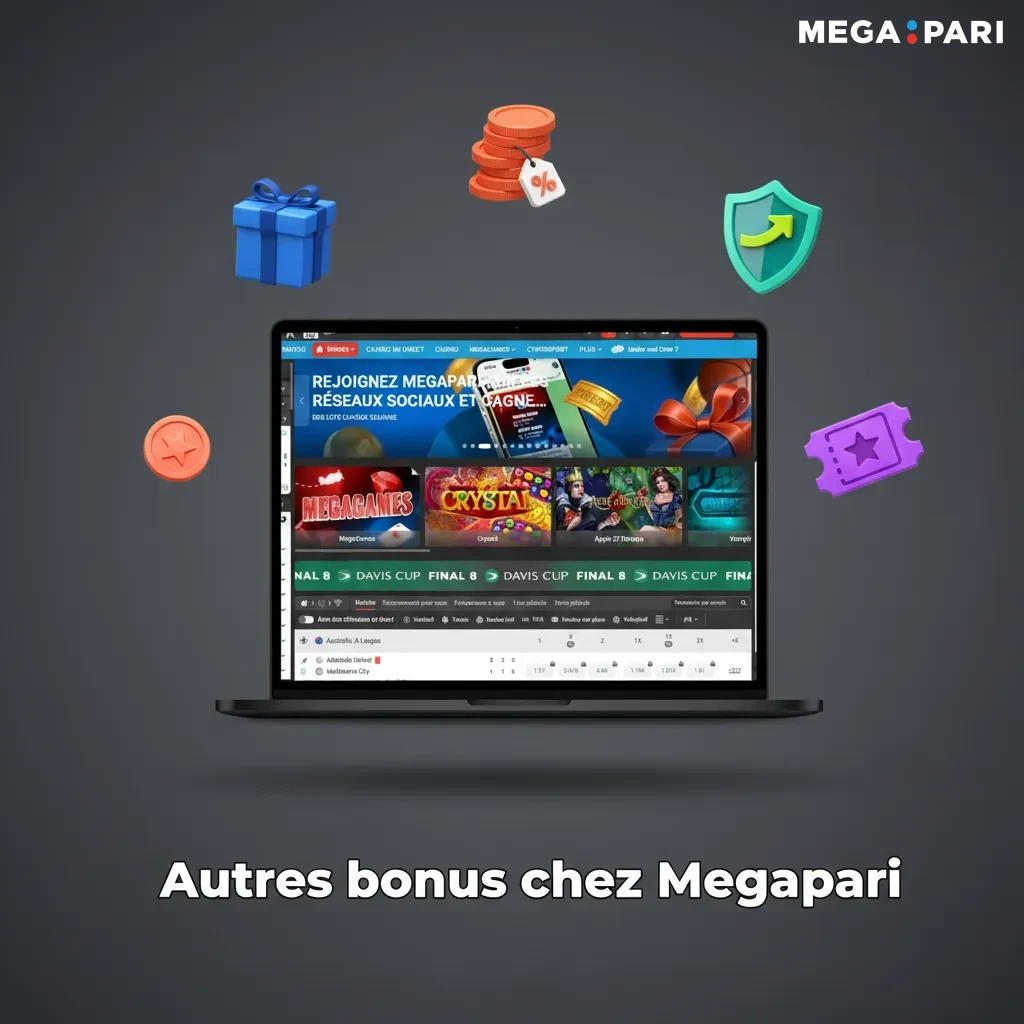 Bannière Megapari: autres bonus – recharge du vendredi, cashback casino et sport, boosts combinés, tournois de slots.