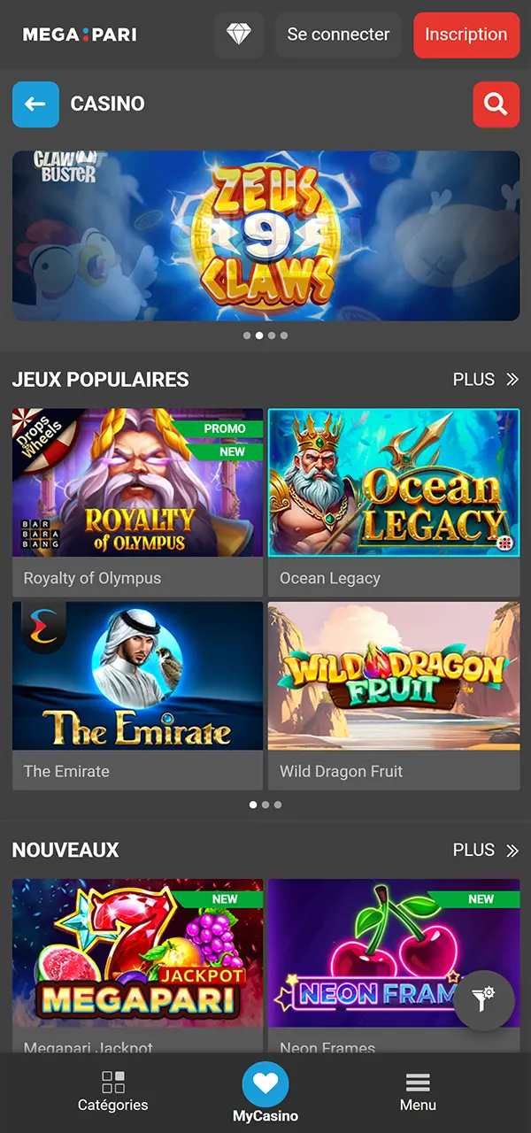 افتح قسم كازينو Megapari واكتشف الفئات المتاحة.