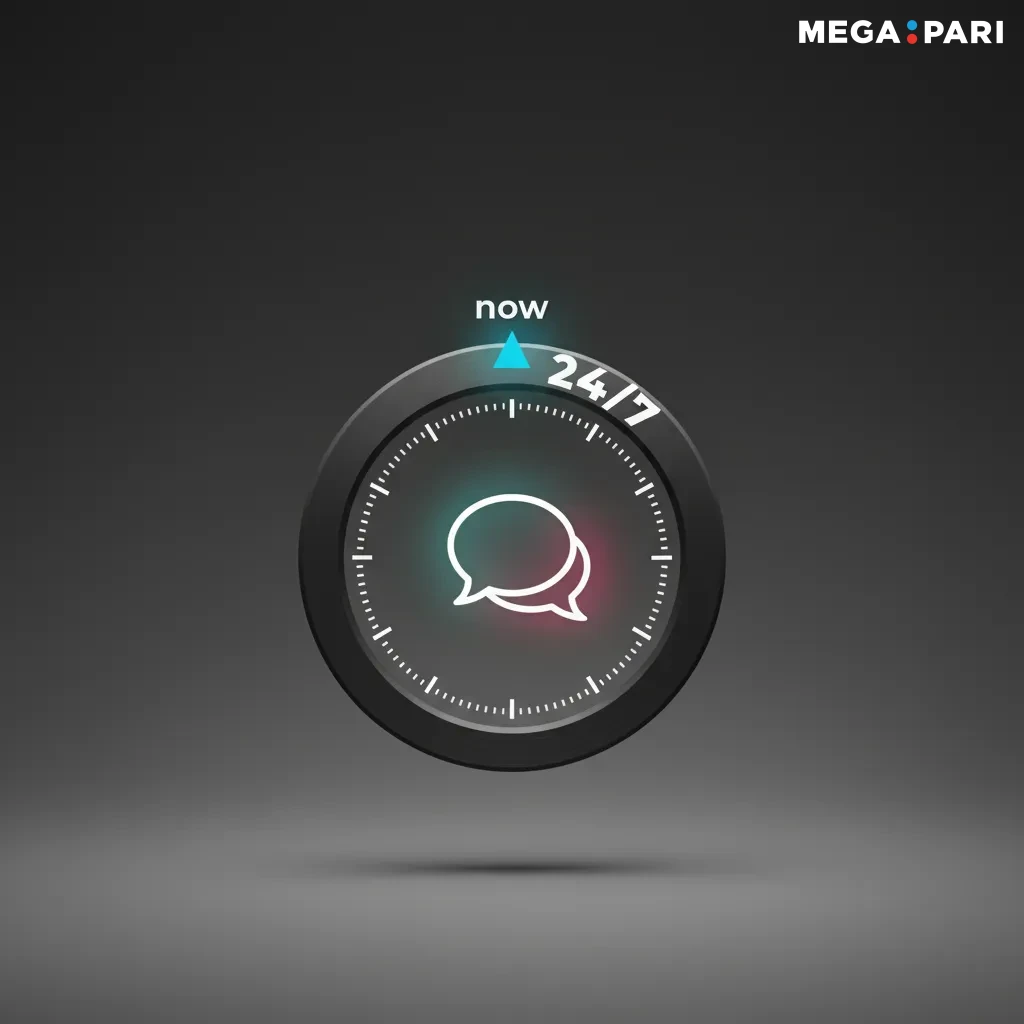 Illustration du chat en direct Megapari: icône en bas à droite web/app, support 24/7, réponse <2 min, ar/fr/en.