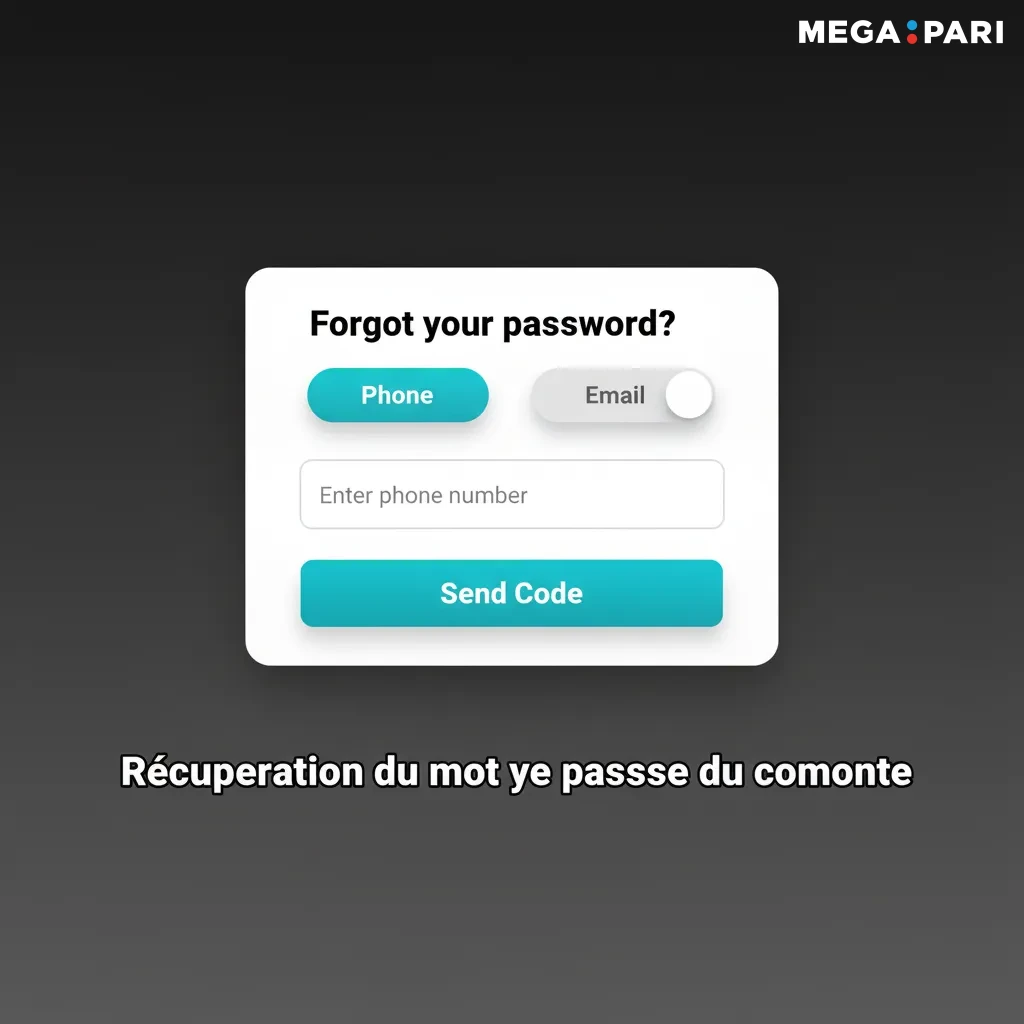 Écran de récupération de mot de passe: lien 'Mot de passe oublié', e‑mail/SMS, code, nouveau mot de passe, 2FA.