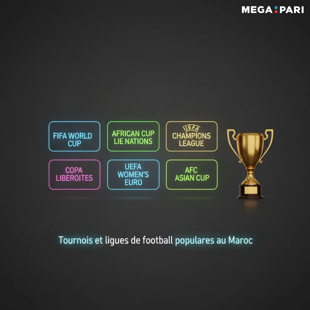 Infographie des tournois de football suivis au Maroc: Botola, Coupe du Trône, CAF, UEFA, Premier League, La Liga.