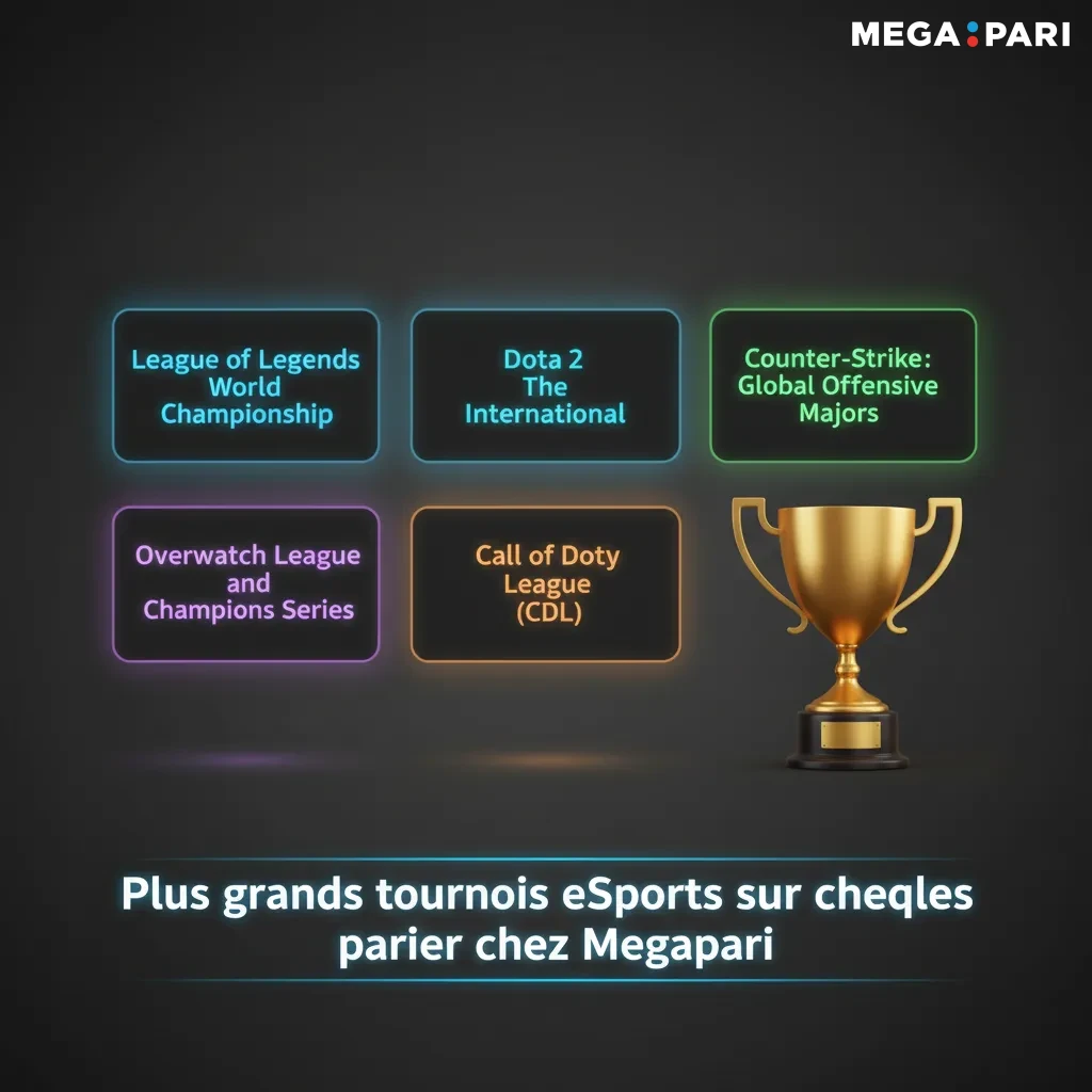 Tournois eSports majeurs pour parier chez Megapari: CS2, Dota 2, LoL, Valorant, SC2, MLBB, R6 et leurs tournois phares.
